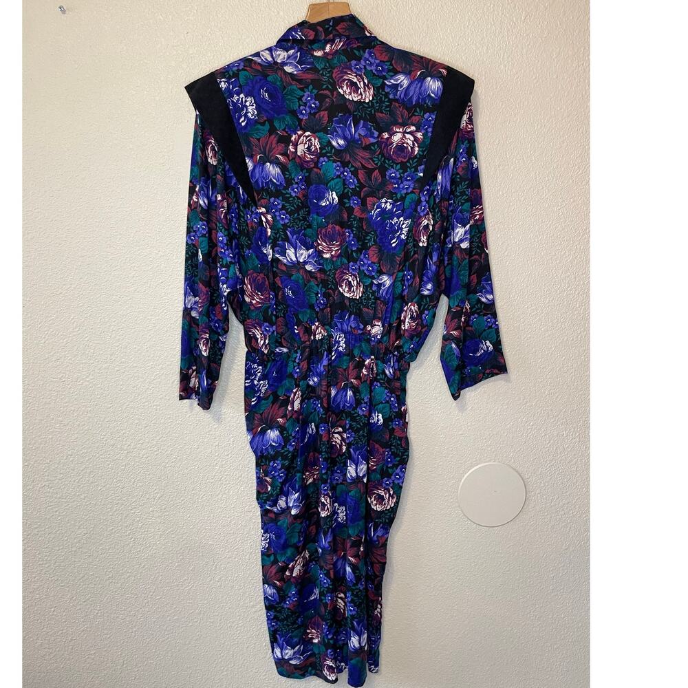 VTG 80's 90's Blue & Purple Floral Grandma Core V Neck Retro Long Sleeve Dress 4 - Picture 2 of 14